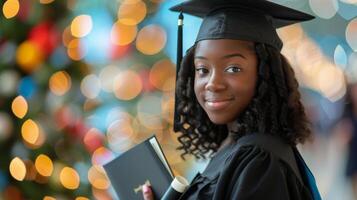 Woman in Graduation Cap and Gown Holding Book photo