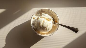 un taza de hielo crema con cuchara foto