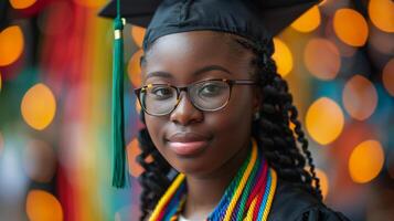 Woman in Graduation Cap and Gown Holding Book photo