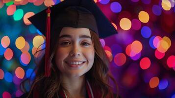 Woman in Graduation Cap and Gown Holding Book photo