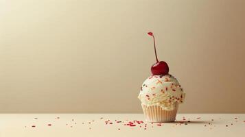 Scoop of Ice Cream With Sprinkles and Cherry on Top photo