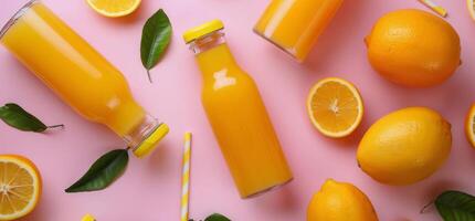 grupo de naranjas y limones en rosado superficie foto