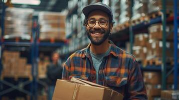 Man Holding Box in Warehouse photo