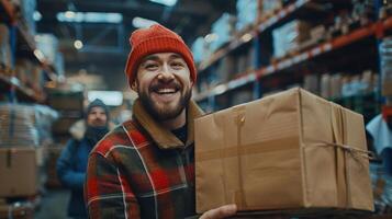 Man Holding Box in Warehouse photo