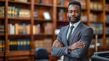 Man in Suit Standing in Front of Bookshelf photo