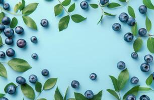 Blueberries With Leaves on a Blue Background photo