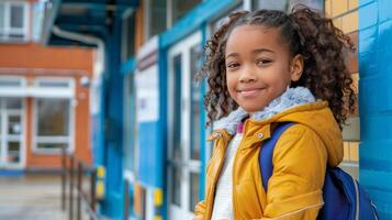 Little Girl Standing Next to Blue Wall photo