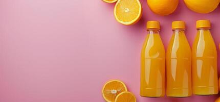 Group of Oranges With Bottles of Juice photo