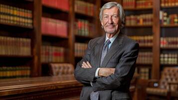 Man in Suit Standing in Front of Bookshelf photo
