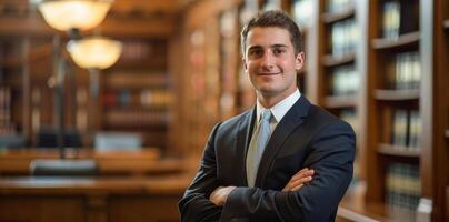 Man in Suit Standing in Front of Bookshelf photo