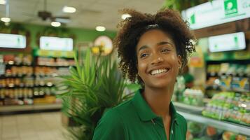 Woman in Green Shirt at Grocery Store photo