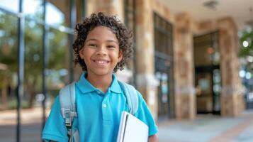 Young Boy in Blue Shirt Holding Book photo