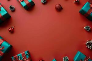 Red Background With Presents Wrapped in Blue and Red Ribbon photo