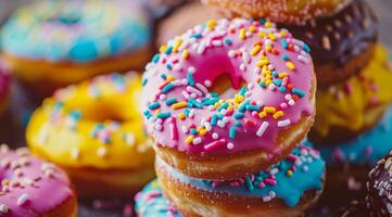 Pile of Donuts With Pink Frosting and Sprinkles photo