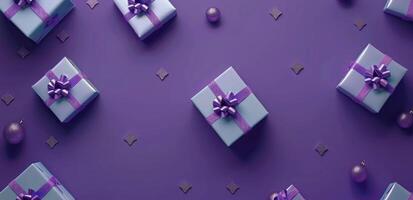 Group of Wrapped Presents on Purple Table photo