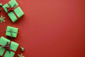 Red Background With Presents Wrapped in Blue and Red Ribbon photo