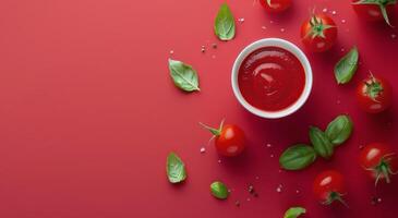 Bowl of Tomato Sauce Surrounded by Tomatoes and Leaves photo