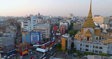 An aerial view of the Chinatown Gate and Traimit Withayaram temple, The most famous tourist attraction in Bangkok, Thailand video