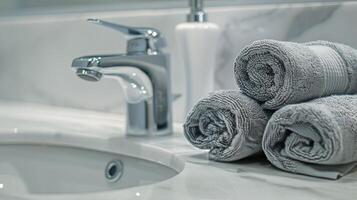 Close Up of Bathroom Sink With Towels photo