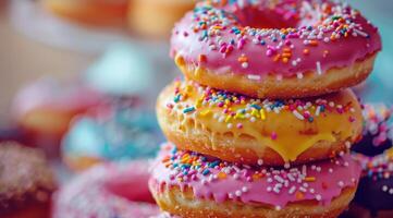 Pile of Donuts With Pink Frosting and Sprinkles photo