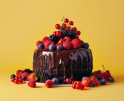 Chocolate Cake With Berries and Raspberries on Yellow Background photo