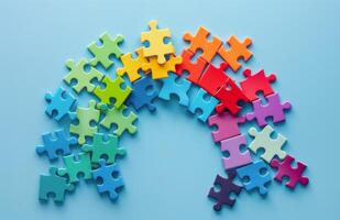 Colorful Puzzle Pieces Piled on Blue Background photo