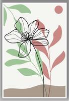 Botanical boho foliage line art drawing with abstract shape wall art vector