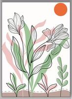 Botanical boho foliage line art drawing with abstract shape wall art vector