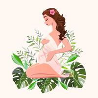 banner with a pregnant woman Beautiful young woman hugging her belly on leafs background with floral decor. Luxury Design for postcard, website or infographics. cartoon pregnant lady nude vector
