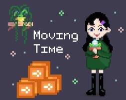 Pixel girl is planning move, she keeps indoor plants. boxes with things Moving time. Empty carton package. 8 bit sprite. Game development, mobile app. illustration vector