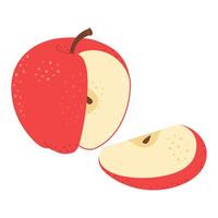 rojo manzana con manzana cuña dibujos animados colocar. cruzar sección de cortar manzana, rebanadas fruta, mano dibujado de moda plano estilo aislado en blanco ilustración vector