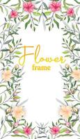 floral bushy frame, romantic vintage style. Yellow and pink flowers with leafs on white background. Design for your text, greeting vector