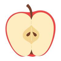 Red apple cut in half. One piece of red fruit with seeds. Apple half icon. Isolated on white. Hand drawn Trendy flat style. Healthy vegetarian snack, cut apple for design illustration vector