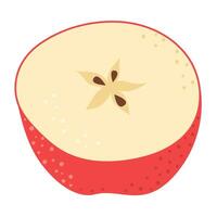 rojo manzana cortar en medio. uno pedazo de rojo Fruta con semillas manzana medio icono. aislado en blanco. mano dibujado de moda plano estilo. sano vegetariano bocadillo, cortar manzana para diseño ilustración vector