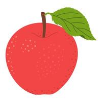 Red juicy ripe apple with green leaf. Hand drawn Red apple trendy flat style isolated on white. Apple harvest. Healthy vegetarian snack, cut apple for design, infographic illustration vector