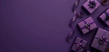 Group of Wrapped Presents on Purple Table photo