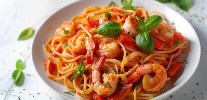 Plate of Pasta With Shrimp and Tomato Sauce photo