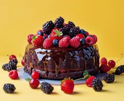 Chocolate Cake With Berries and Raspberries on Yellow Background photo