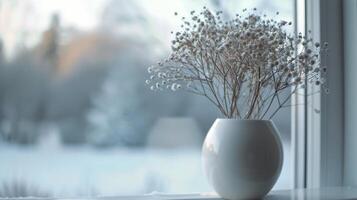 White Vase With Plant on Window Sill photo
