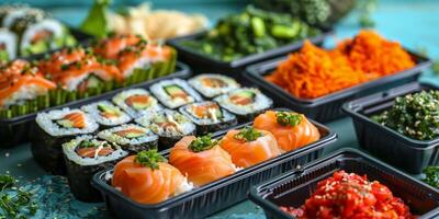 Sushi Trays on Table photo