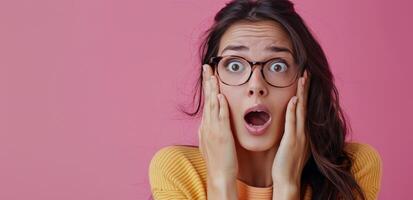 mujer con lentes haciendo un sorprendido cara foto