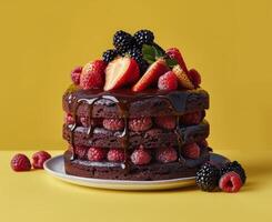 Chocolate Cake With Berries and Raspberries on Yellow Background photo