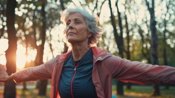 más viejo mujer extensión en parque a puesta de sol foto