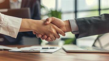 Two People Shaking Hands in Front of Laptops photo