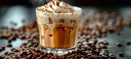 Cup of Coffee With Whipped Cream and Coffee Beans photo