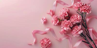 Bouquet of Pink Carnations With Pink Ribbon on Pink Background photo