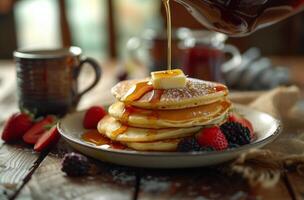 Pouring Syrup on a Stack of Pancakes photo