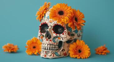 Skull With Sunflowers on Head photo