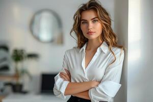 Woman Standing in Front of Window With Arms Crossed. photo