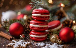 Stack of Red Velvet Cookies on Wooden Table photo